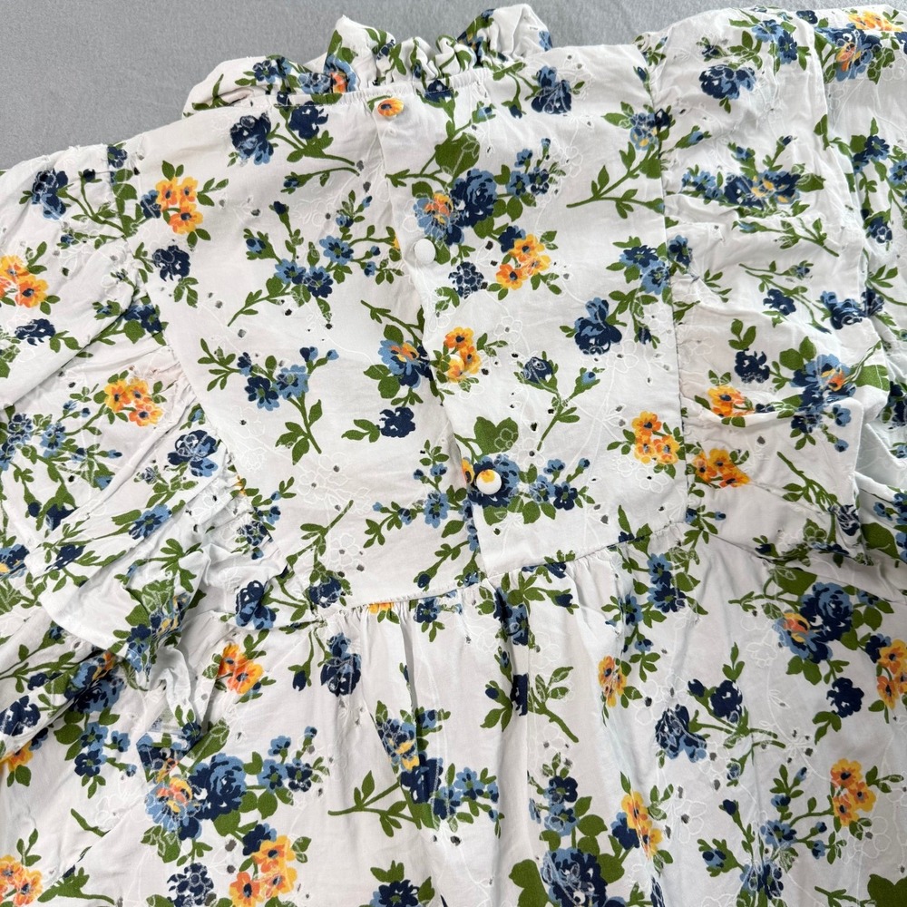 Zara Floral Eyelet Blouse Women S White Blue Yellow Ruffle Sleeve Shabby Chic - Picture 8 of 9